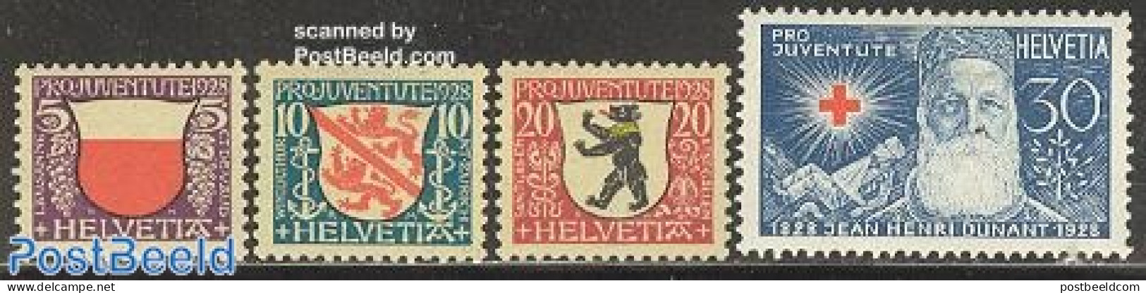 Switzerland 1928 Pro Juventute, Coat Of Arms 4v, Mint NH, Health - History - Nature - Red Cross - Coat Of Arms - Bears - Unused Stamps