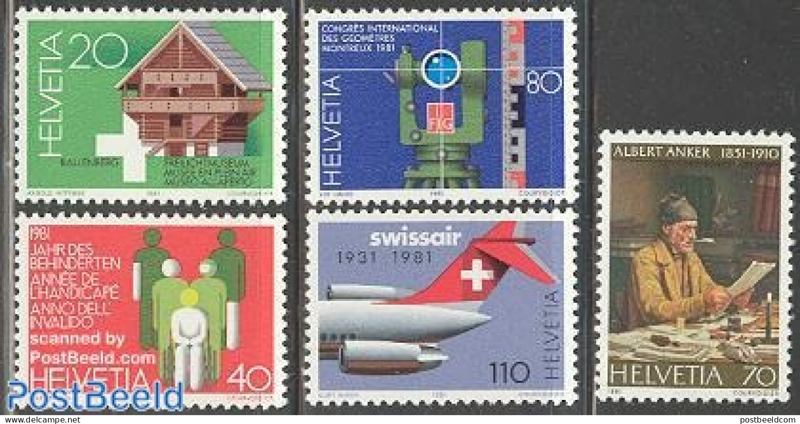 Switzerland 1981 Mixed Issue 5v, Mint NH, Health - Science - Transport - Disabled Persons - Weights & Measures - Aircr.. - Ongebruikt