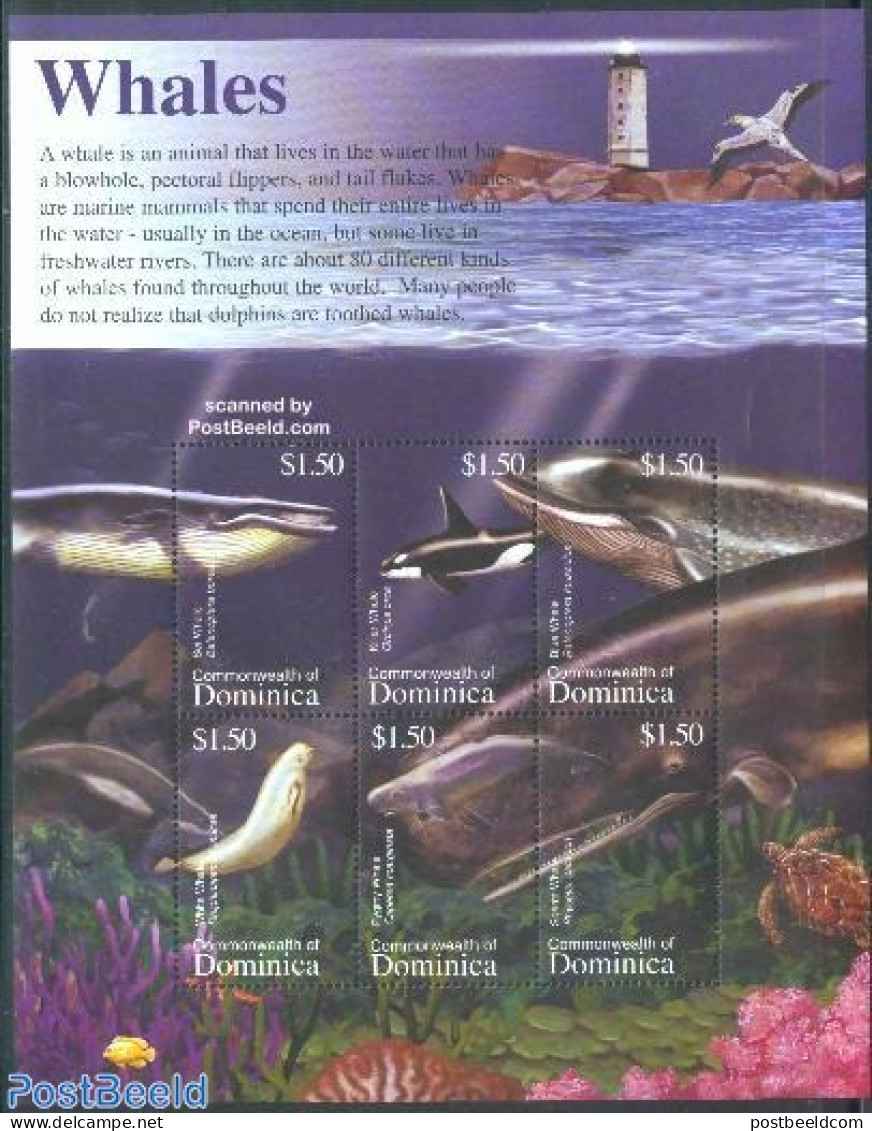 Dominica 2002 Whales 6v M/s /sei Whale, Mint NH, Nature - Various - Sea Mammals - Lighthouses & Safety At Sea - Vuurtorens