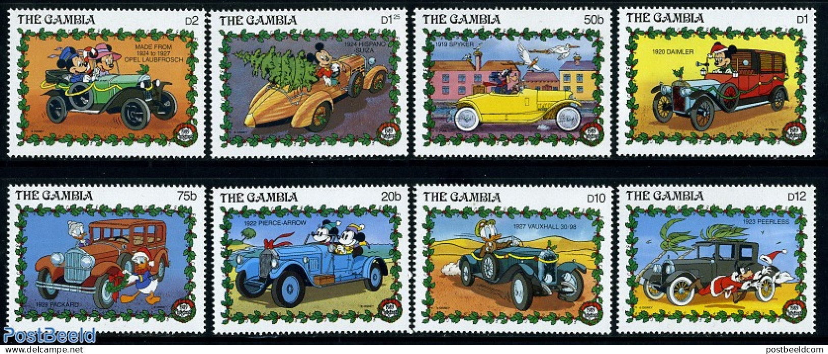 Gambia 1989 Christmas, Disney 8v, Mint NH, Religion - Transport - Christmas - Automobiles - Art - Disney - Christmas