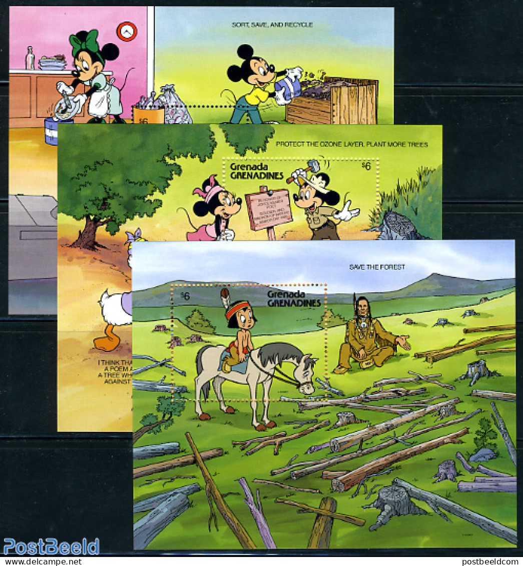 Grenada Grenadines 1991 Disney, Ecology 3 S/s, Mint NH, Nature - Environment - Art - Disney - Umweltschutz Und Klima