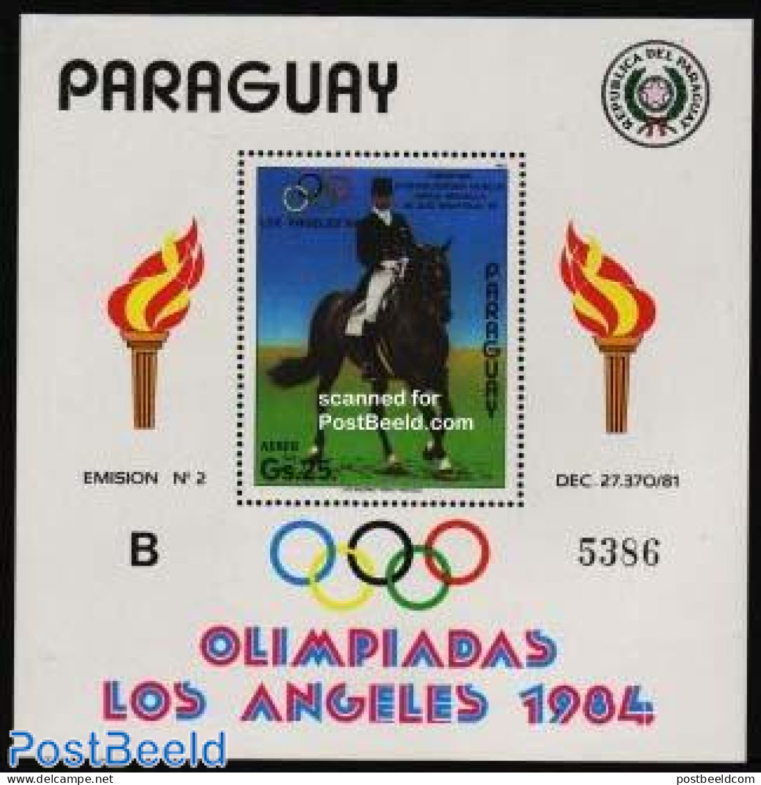 Paraguay 1984 Olympic Games S/s, Horse (A Or B Before Number), Mint NH, Nature - Sport - Horses - Olympic Games - Paraguay