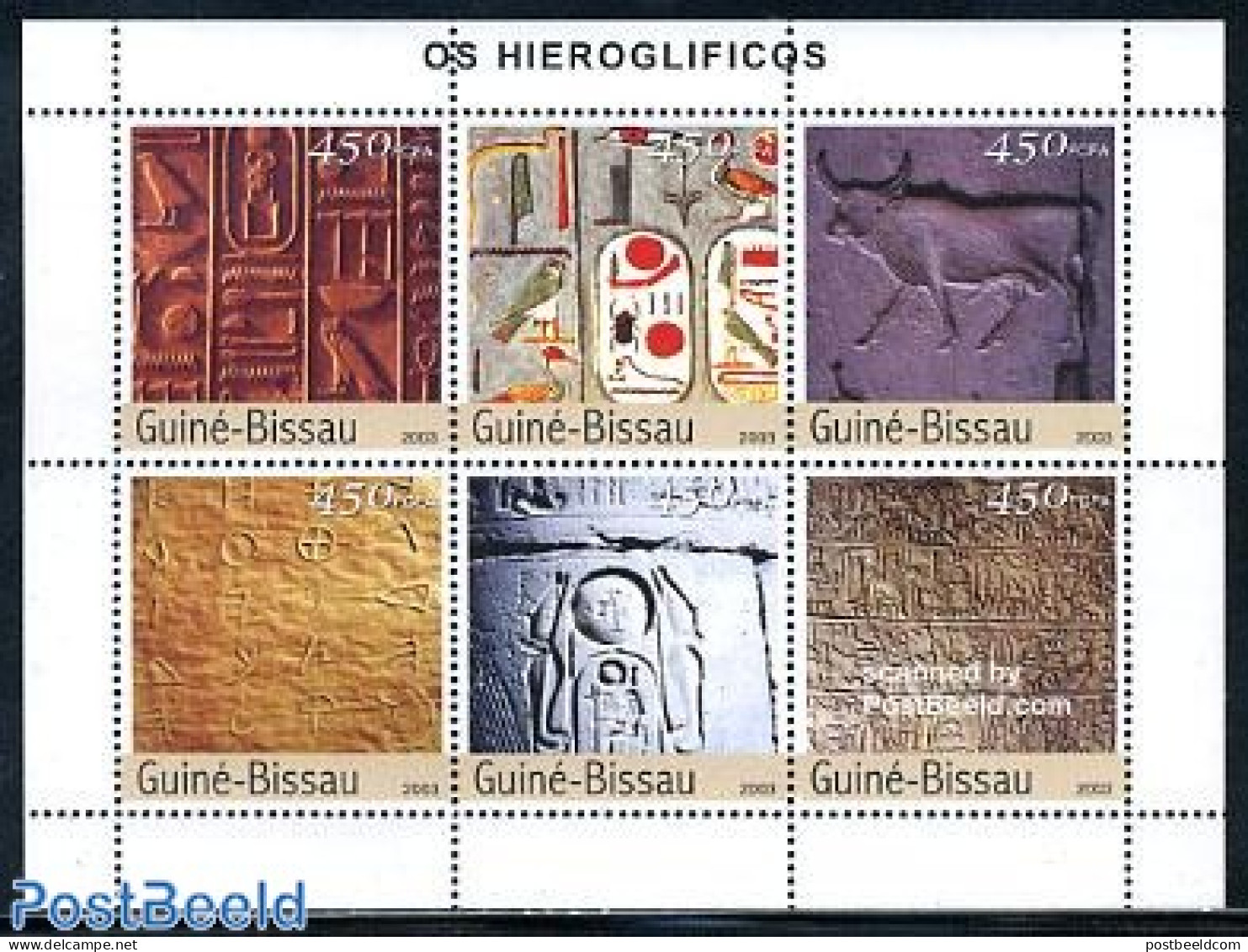 Guinea Bissau 2003 Hieroglyphs 6v M/s, Mint NH, History - Nature - Archaeology - Birds - Art - Handwriting And Autogra.. - Archaeology