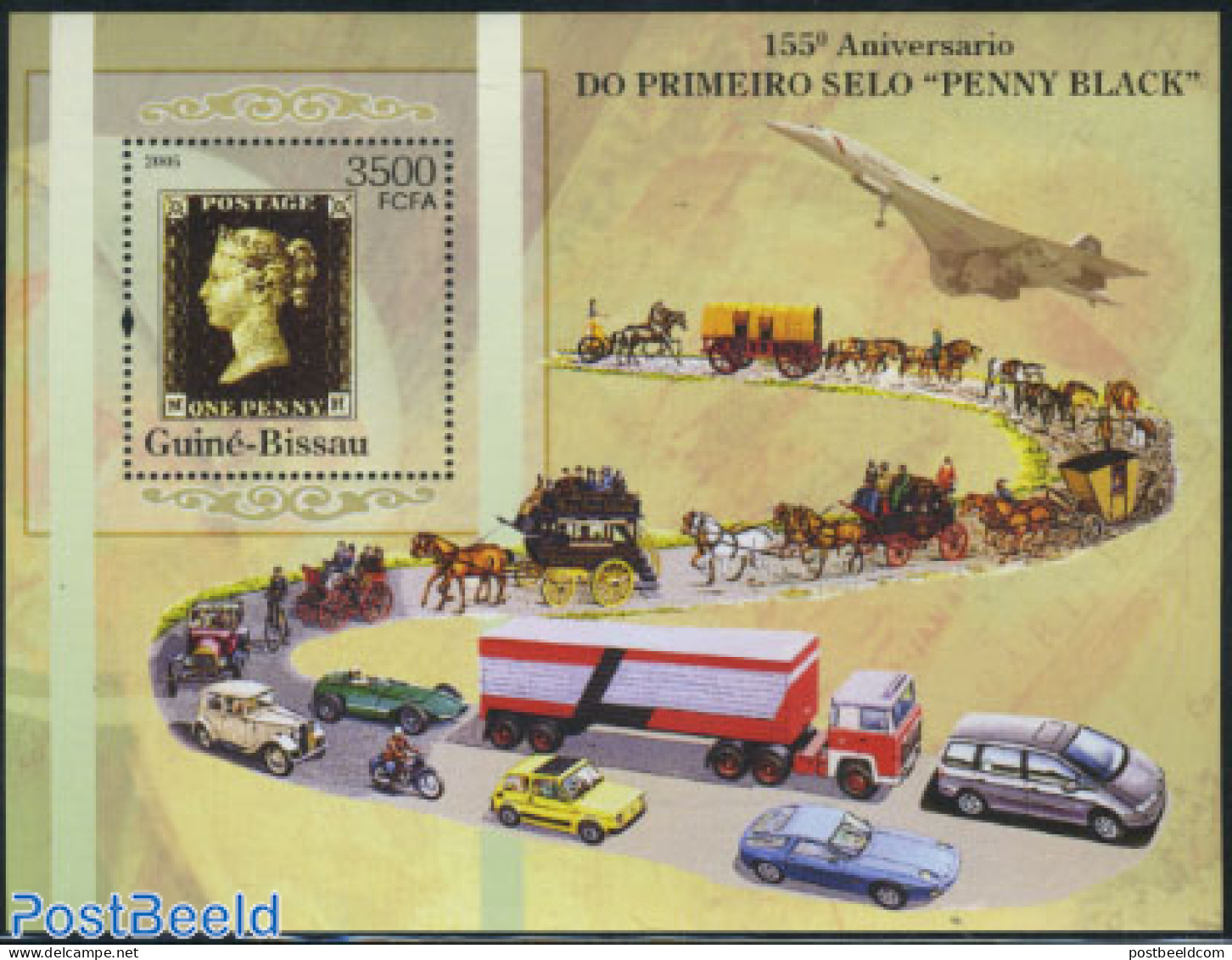 Guinea Bissau 2005 155 Years Penny Black S/s, Mint NH, Nature - Transport - Horses - Stamps On Stamps - Automobiles - .. - Stamps On Stamps