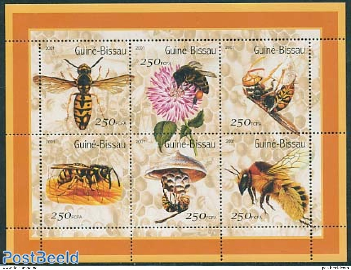 Guinea Bissau 2001 Bees 6v M/s, Mint NH, Nature - Bees - Flowers & Plants - Insects - Guinea-Bissau