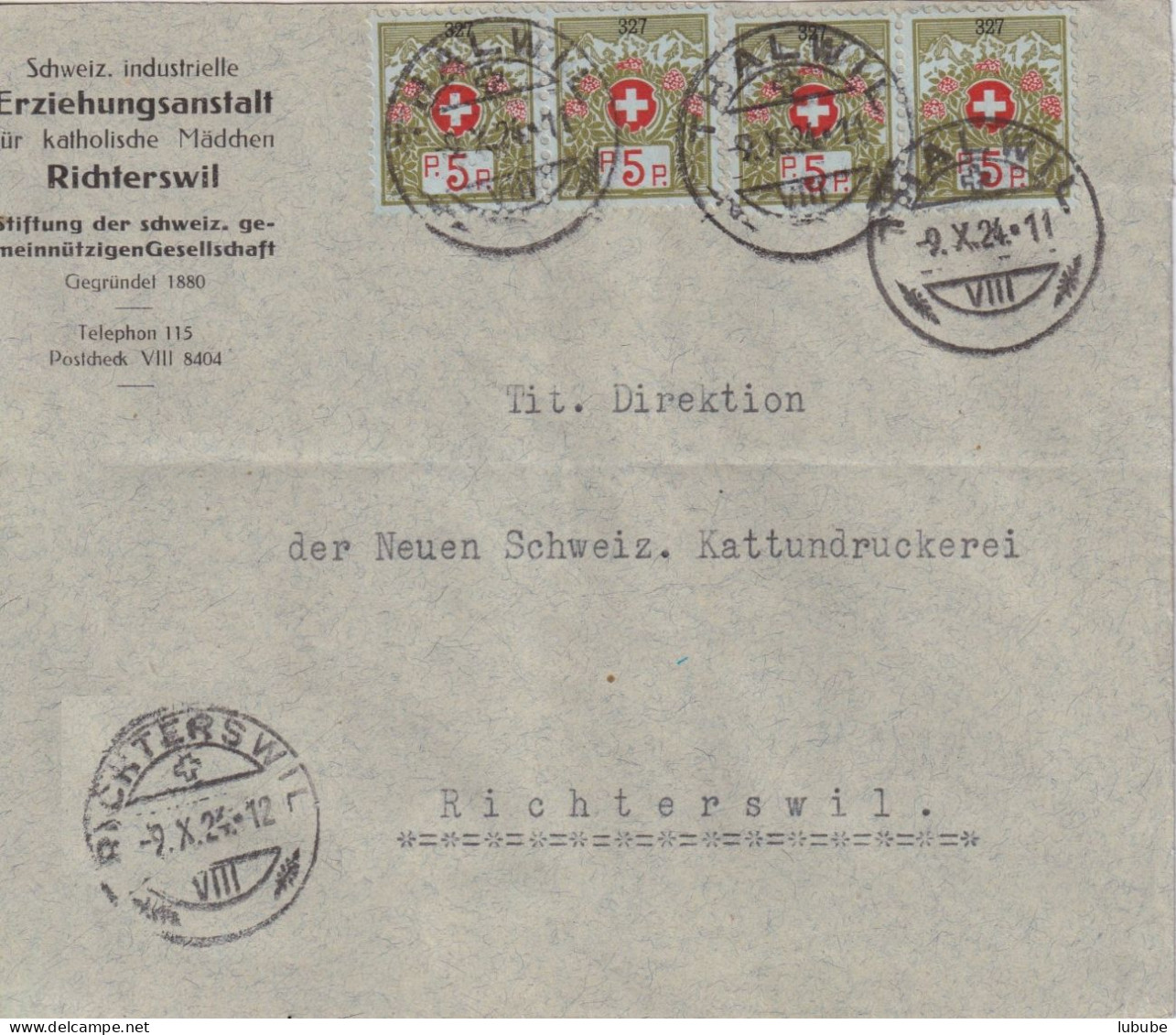 Portofreiheit  "Schweiz.industr.Erziehungsanstalt Für Katholische Mädchen, Richterswil"       1924 - Briefe U. Dokumente