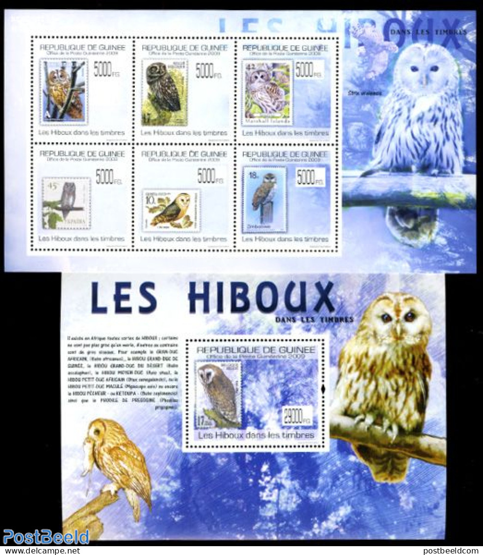 Guinea, Republic 2009 Owls On Stamps 2 S/s, Mint NH, Nature - Birds - Birds Of Prey - Owls - Stamps On Stamps - Briefmarken Auf Briefmarken