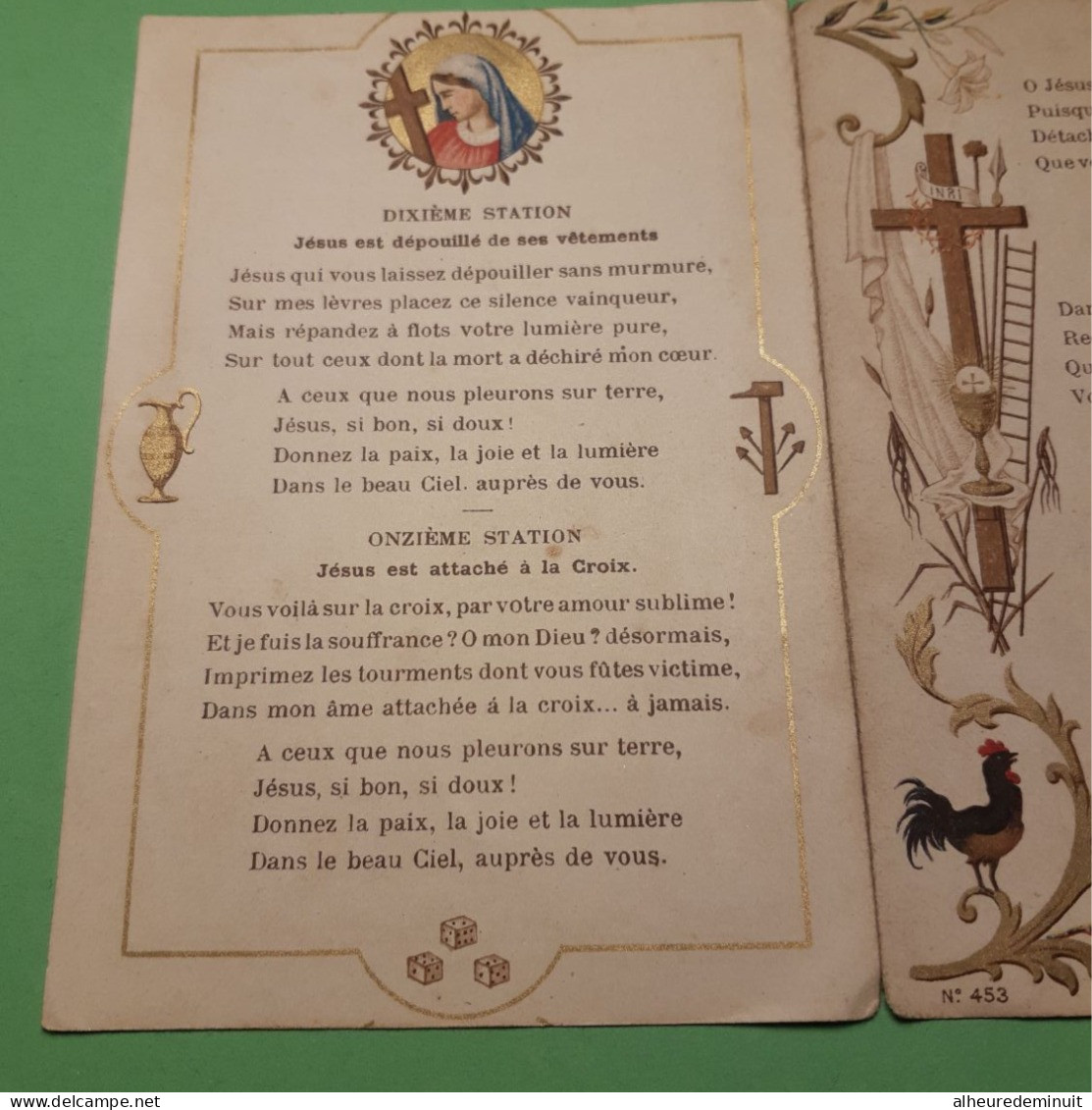 Image Pieuse Ancienne"CHEMIN DE CROIX"COEURS EN DEUIL"JESUS"VIERGE MARIE"PRIERE PREPARATOIRE"symbole Coq échelle éponge - Devotieprenten