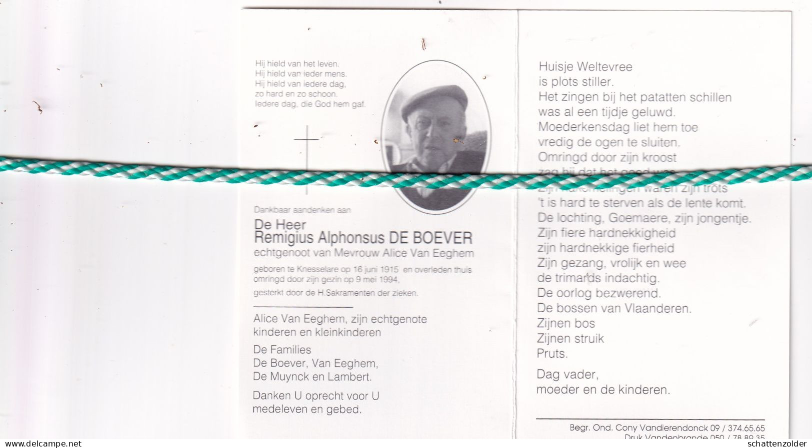 Remigus Alphonsus De Boever-Van Eeghem, Knesselare 1915, 1994. Foto - Todesanzeige