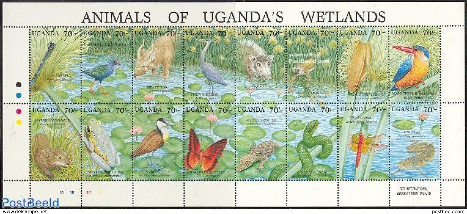 Uganda 1991 Wetlands 16v M/s, Mint NH, Nature - Animals (others & Mixed) - Birds - Butterflies - Fish - Frogs & Toads .. - Poissons