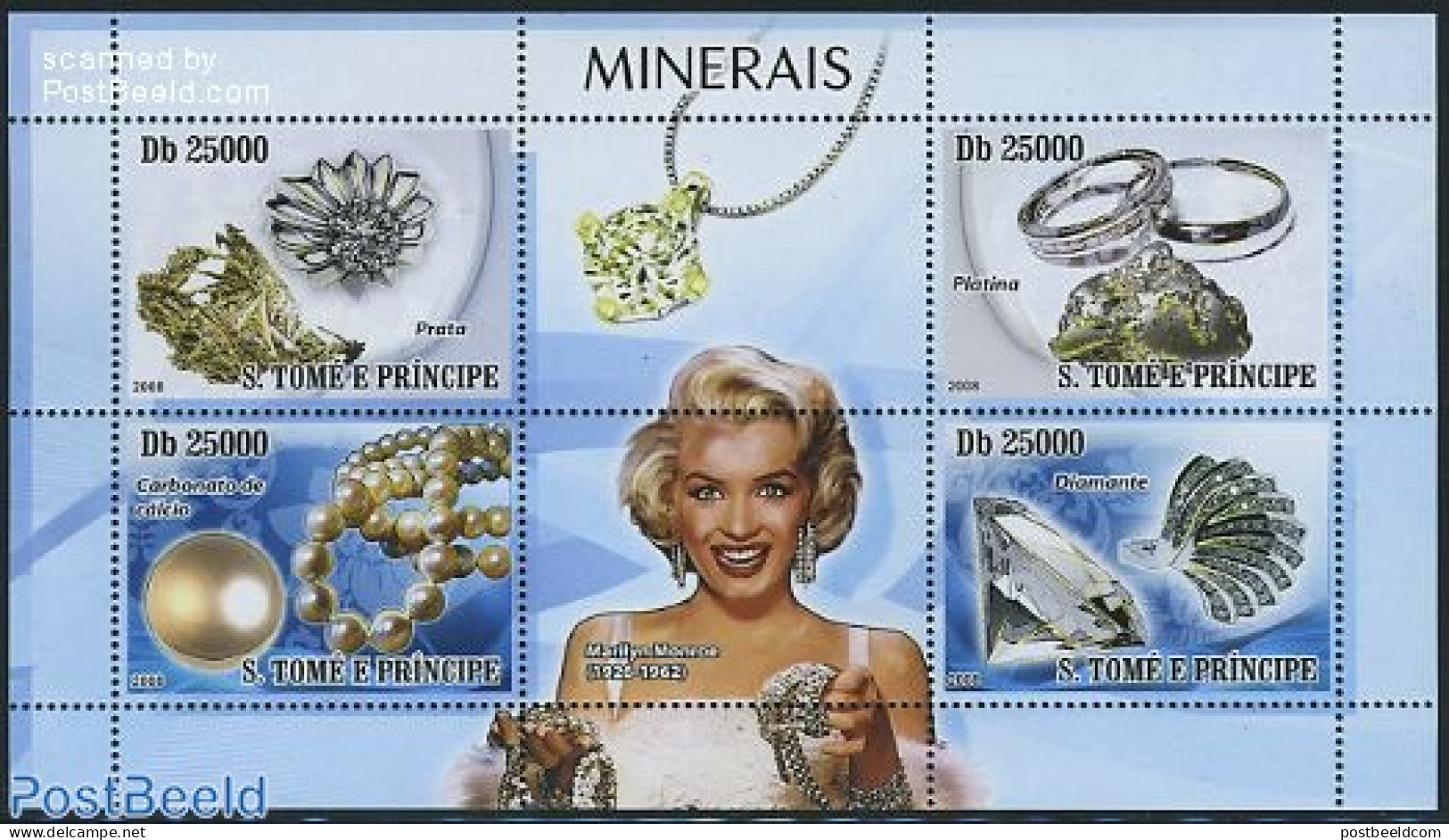 Sao Tome/Principe 2008 Jewellery 4v M/s, Mint NH, History - Performance Art - Geology - Marilyn Monroe - Art - Art & A.. - São Tomé Und Príncipe