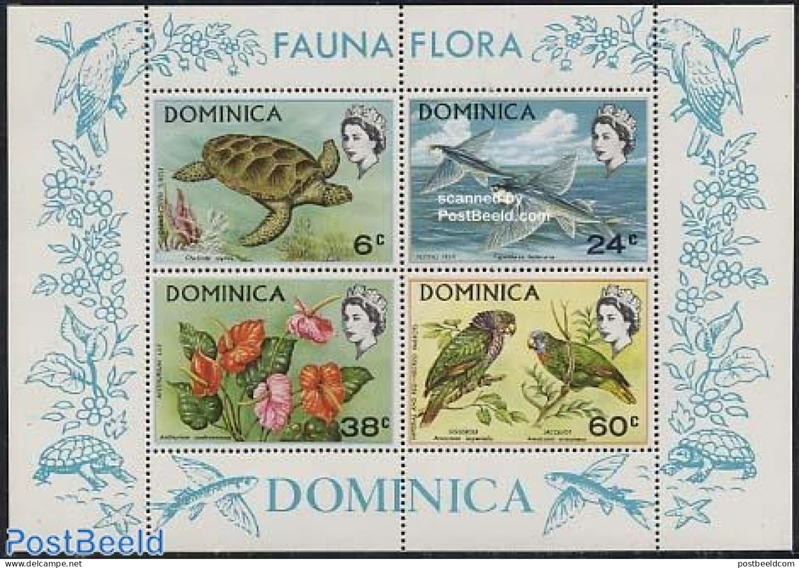 Dominica 1970 Flora & Fauna S/s, Mint NH, Nature - Animals (others & Mixed) - Birds - Fish - Reptiles - Turtles - Vissen