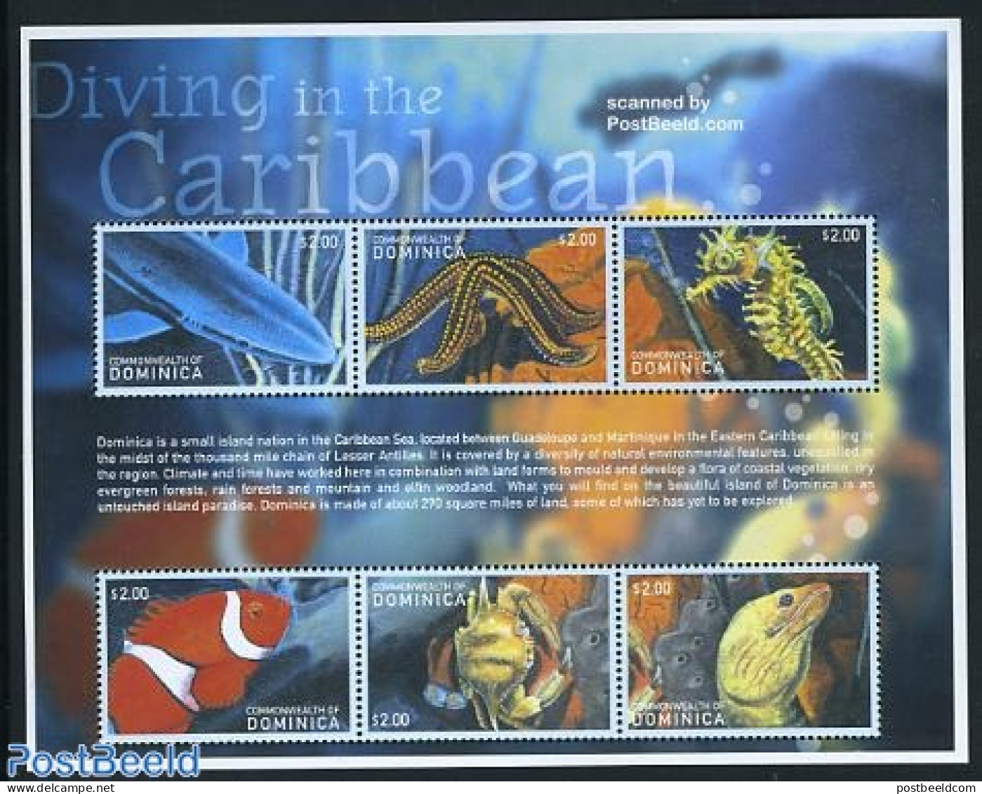 Dominica 2001 Diving 6v M/s, Mint NH, Nature - Sport - Fish - Shells & Crustaceans - Diving - Fishes