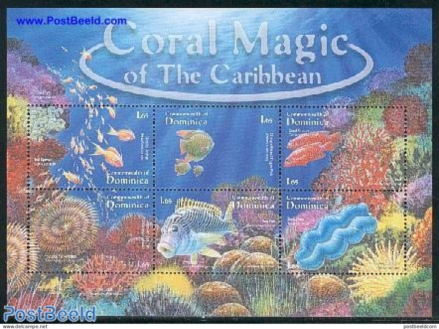 Dominica 2001 Coral Magic 6v M/s, Red, Mint NH, Nature - Fish - Shells & Crustaceans - Vissen