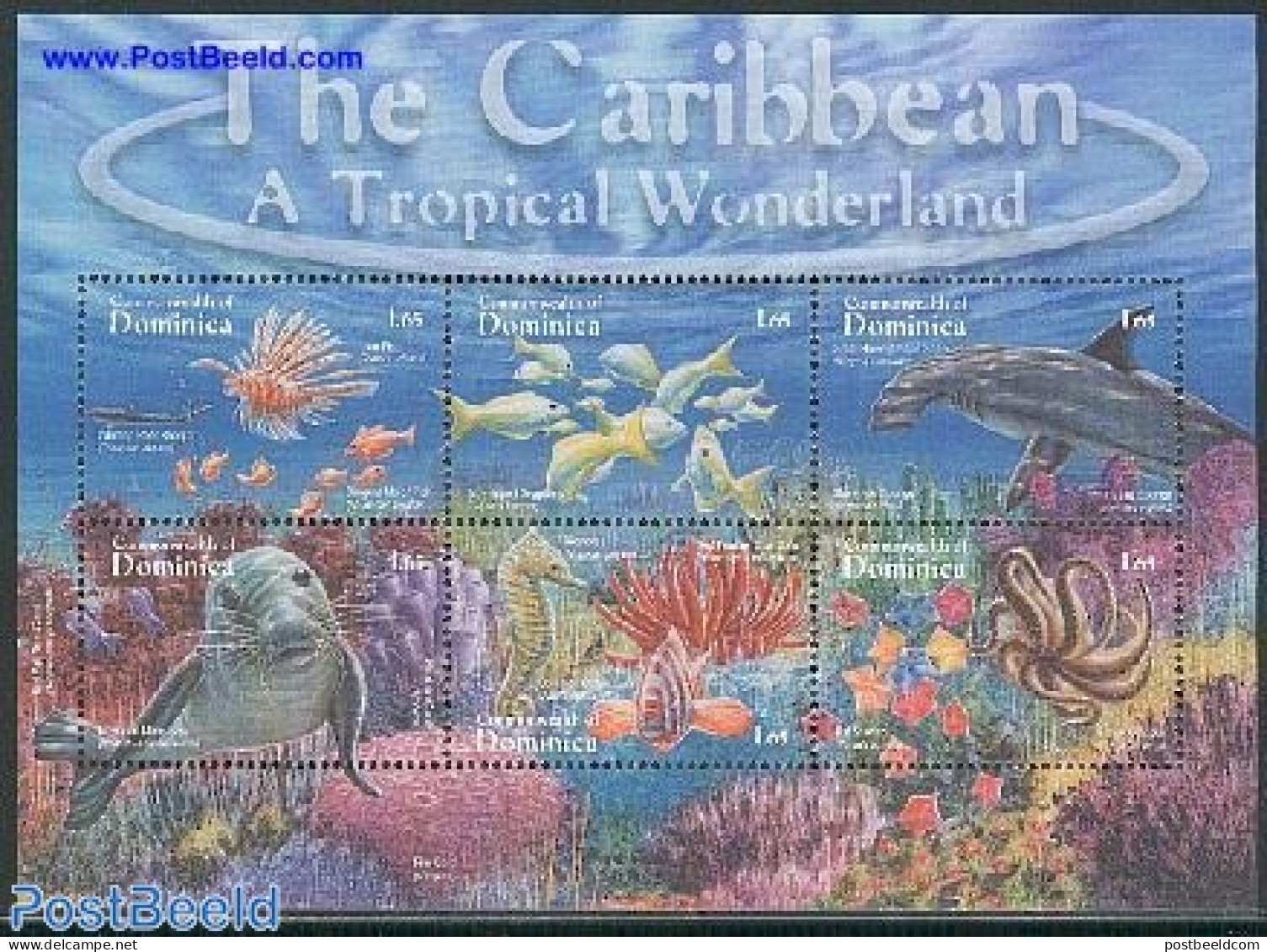 Dominica 2001 Coral Magic 6v M/s, White, Mint NH, Nature - Fish - Sea Mammals - Shells & Crustaceans - Fische