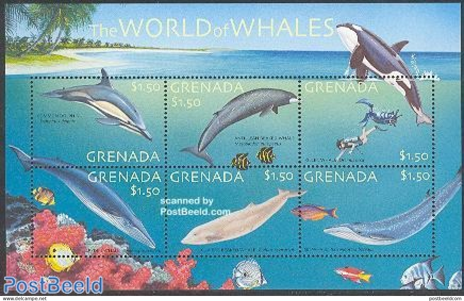 Grenada 2001 Sea Mammals 6v M/s, Common Dolphin, Mint NH, Nature - Sport - Fish - Sea Mammals - Diving - Poissons
