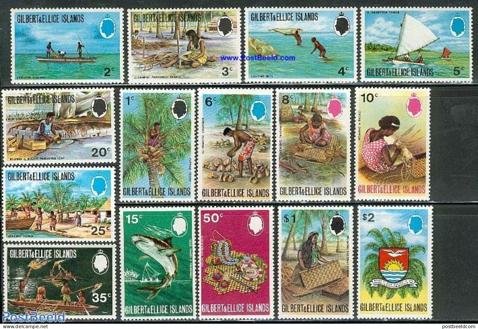 Gilbert And Ellice Islands 1971 Definitives 15v, Mint NH, Nature - Fish - Fishing - Art - Handicrafts - Poissons