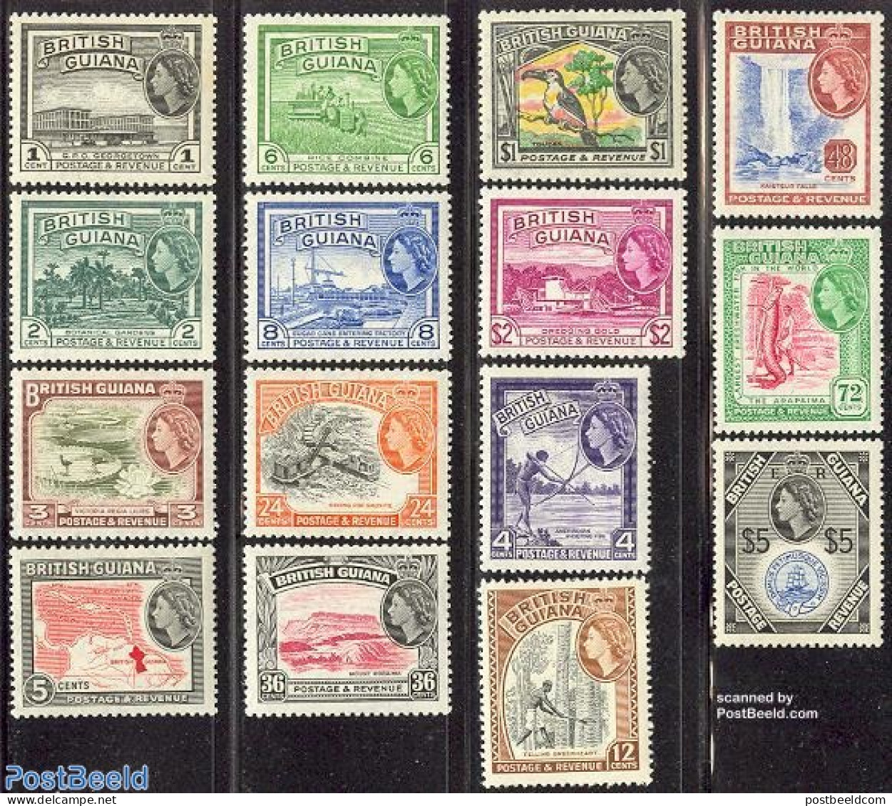 Guyana 1954 Definitives 15v, Unused (hinged), Nature - Transport - Various - Birds - Fish - Fishing - Water, Dams & Fa.. - Vissen