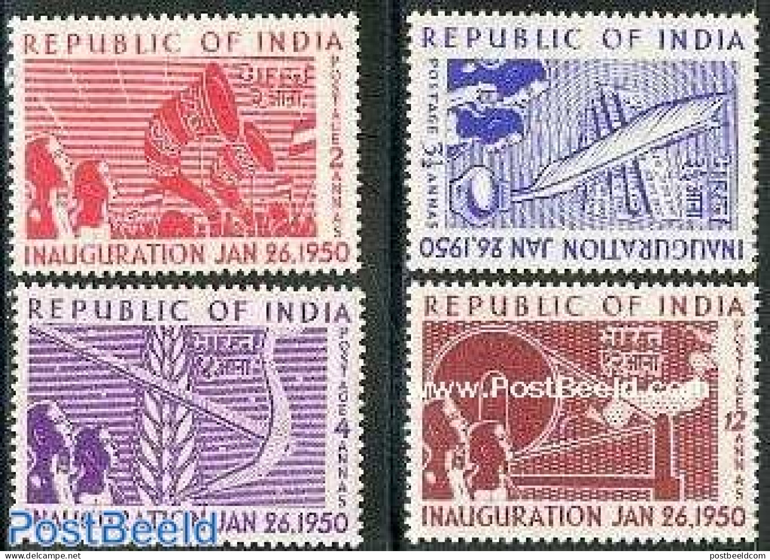 India 1950 Republic Proclamation 4v, Unused (hinged), Various - Textiles - Ungebraucht