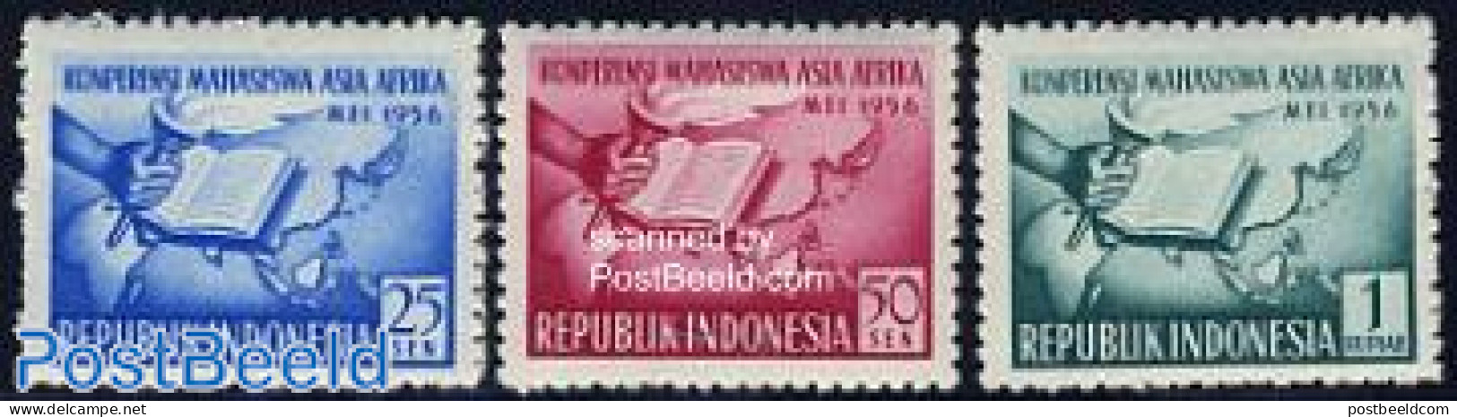 Indonesia 1956 Students Conference 3v, Mint NH, Science - Various - Education - Maps - Art - Books - Geography