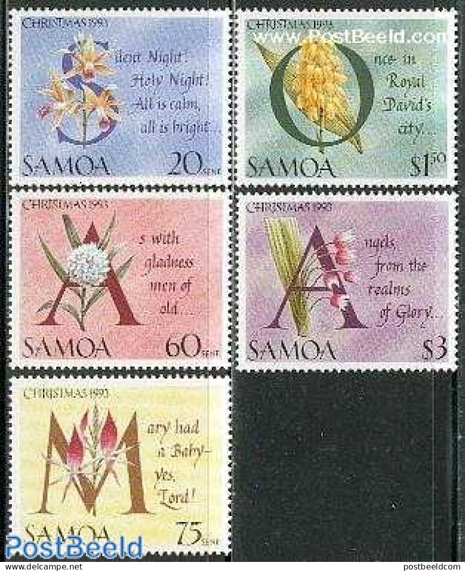 Samoa 1993 Christmas, Flowers 5v, Mint NH, Nature - Performance Art - Religion - Flowers & Plants - Music - Christmas - Musique