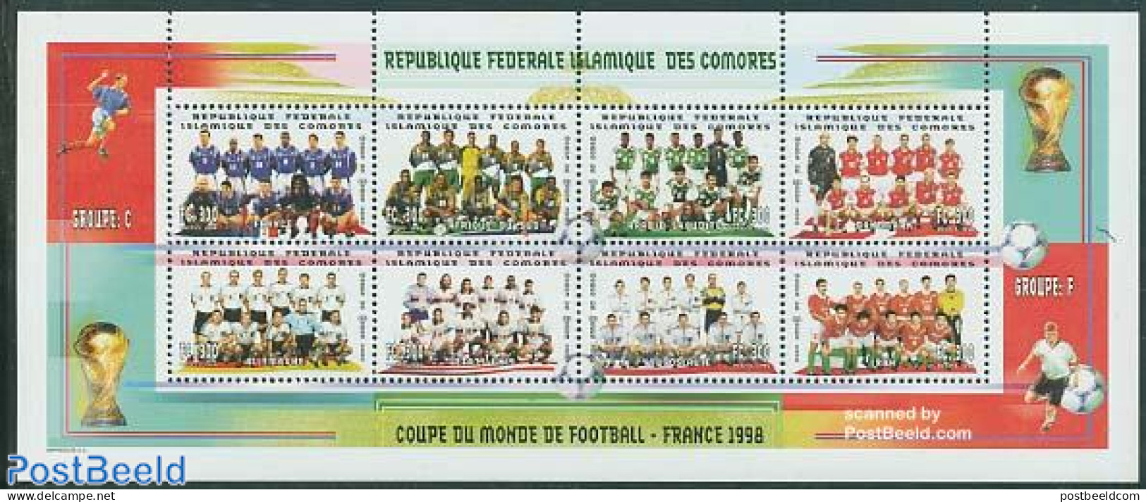 Comoros 1998 World Cup Football 8v M/s (8x300F), Mint NH, Sport - Football - Komoren (1975-...)