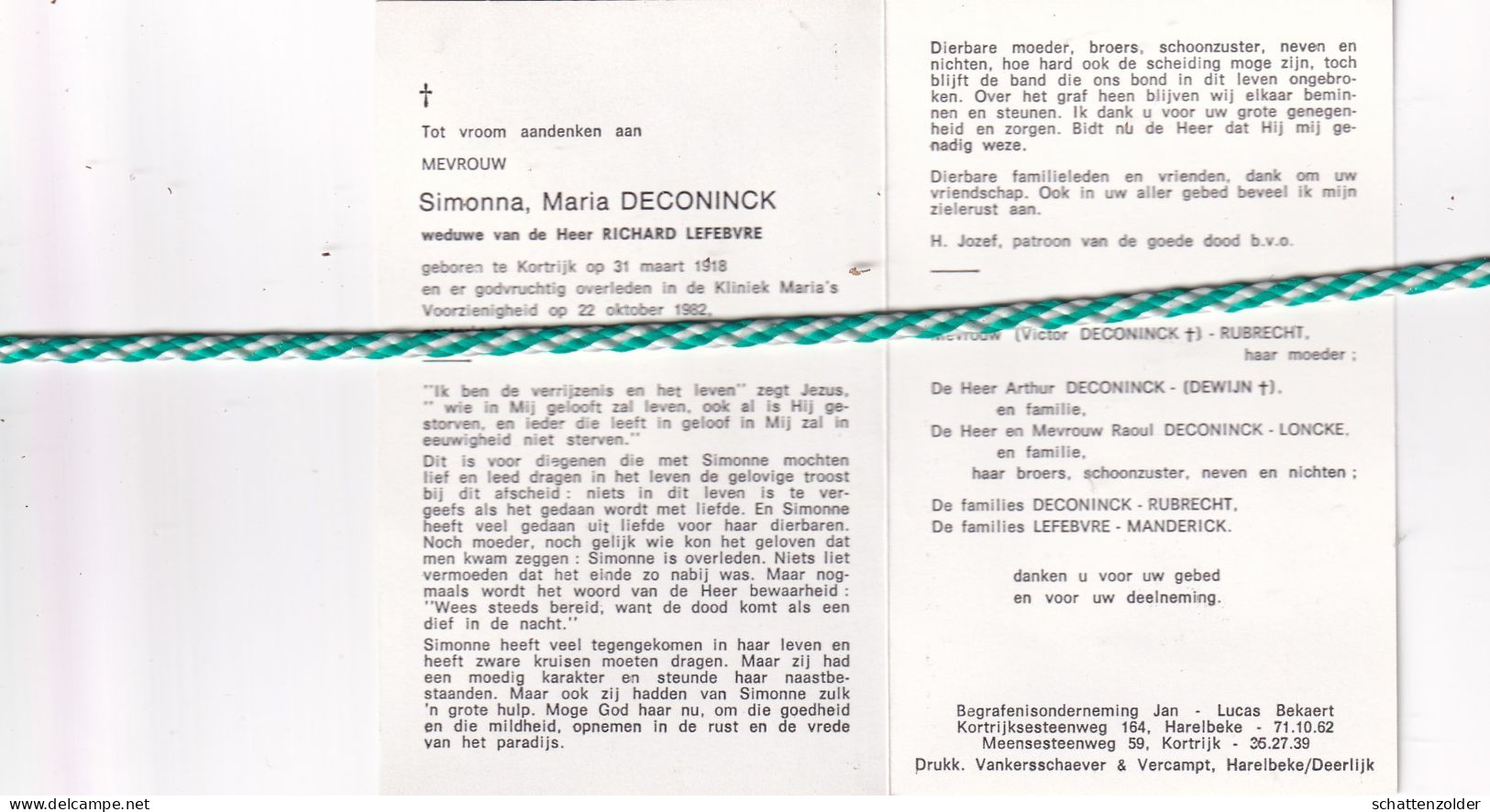 Simonna Maria Deconinck-Lefebvre, Kortrijk 1918, 1982 - Todesanzeige