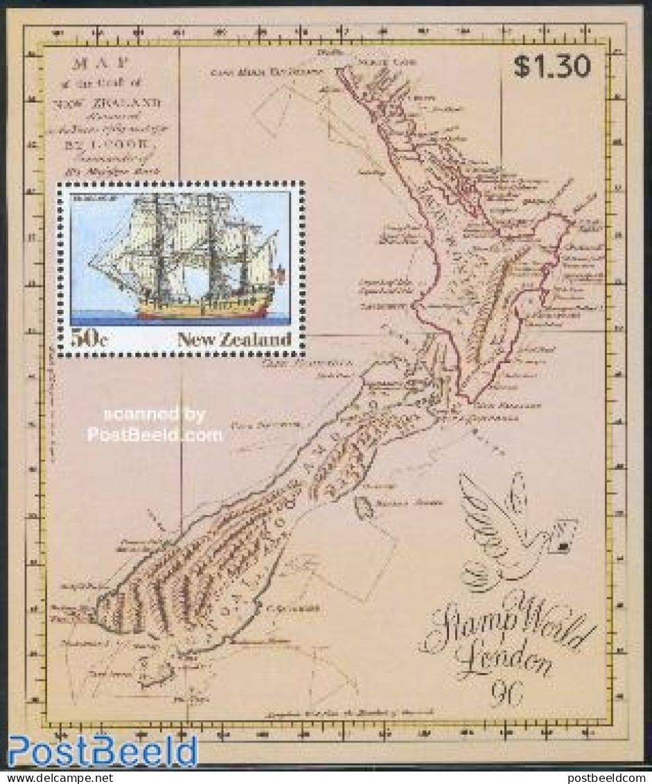 New Zealand 1990 Stamp World London S/s, Mint NH, Transport - Various - Ships And Boats - Maps - Nuevos
