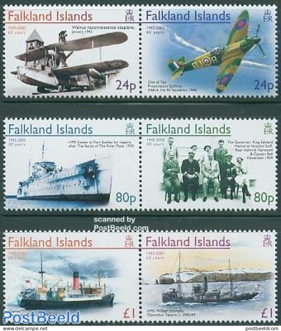 Falkland Islands 2005 End Of World War II 3x2v [:], Mint NH, History - Transport - World War II - Aircraft & Aviation .. - Seconda Guerra Mondiale