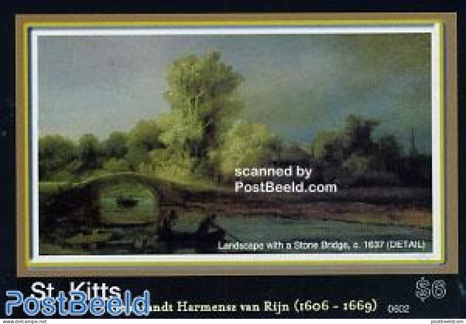Saint Kitts/Nevis 2006 Rembrandt Paintings S/s, Landscape With Stone Brid, Mint NH, Transport - Ships And Boats - Art .. - Schiffe