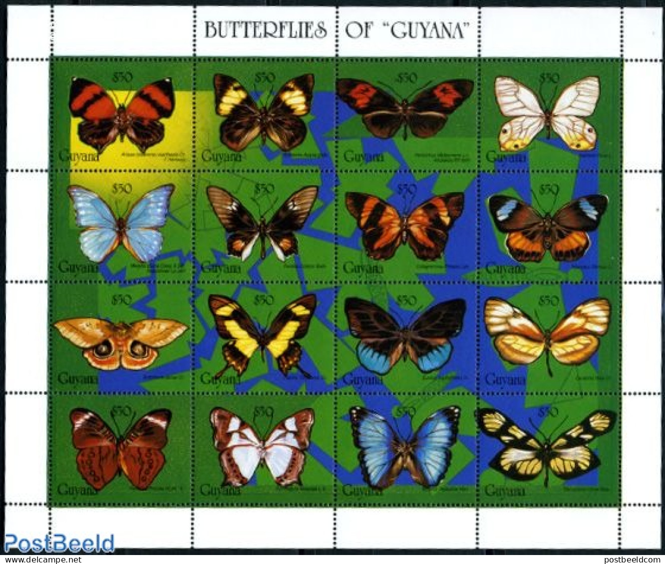 Guyana 1994 Butterflies 16v M/s, Mint NH, Nature - Butterflies - Guyana (1966-...)