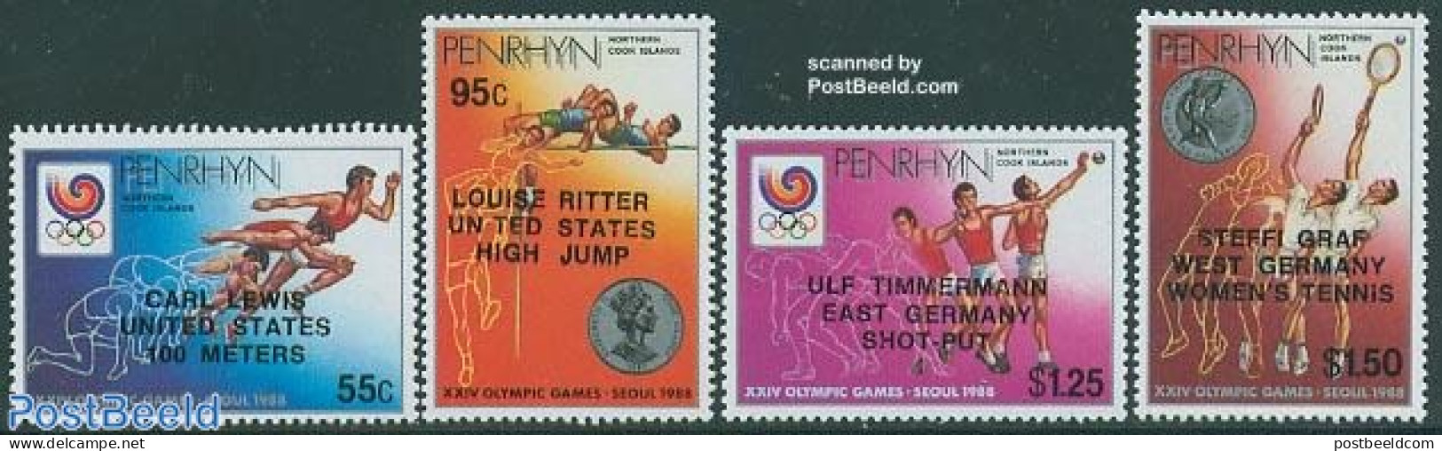 Penrhyn 1988 Olympic Winners 4v, Mint NH, Sport - Olympic Games - Tennis - Tennis