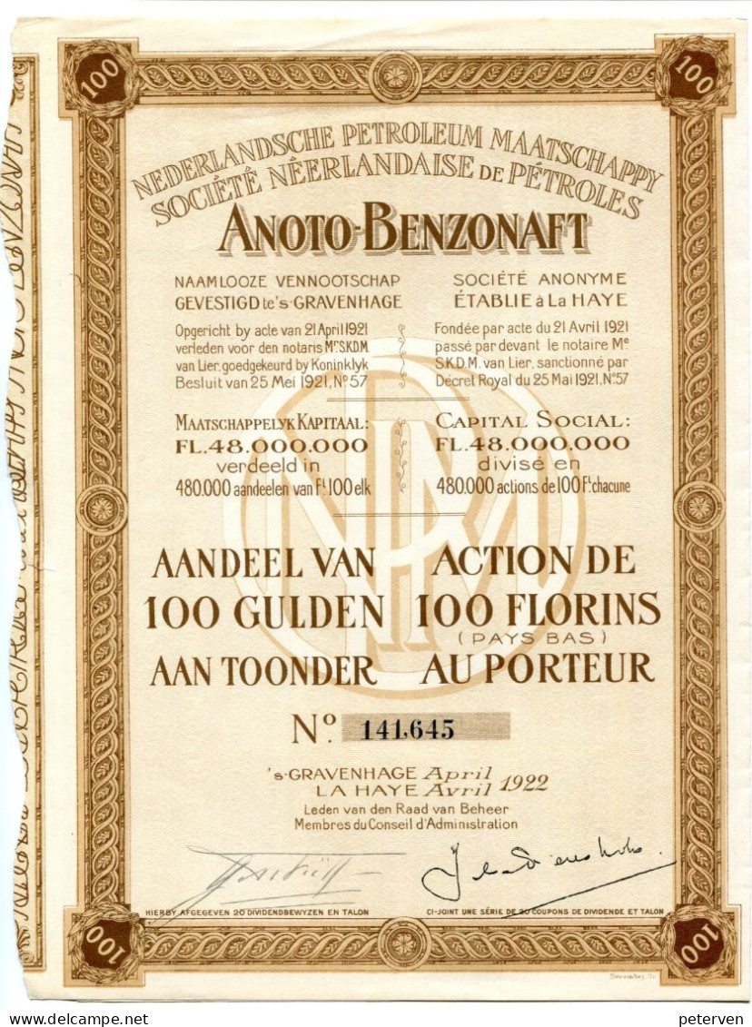 ANOTO BENZONAFT; Aandeel Van 100 Gulden - Aardolie