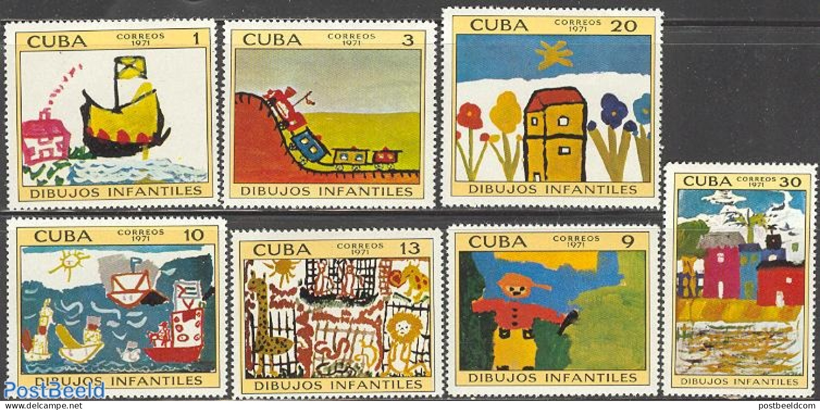 Cuba 1971 Children Paintings 7v, Mint NH, Nature - Transport - Animals (others & Mixed) - Giraffe - Railways - Ships A.. - Ongebruikt