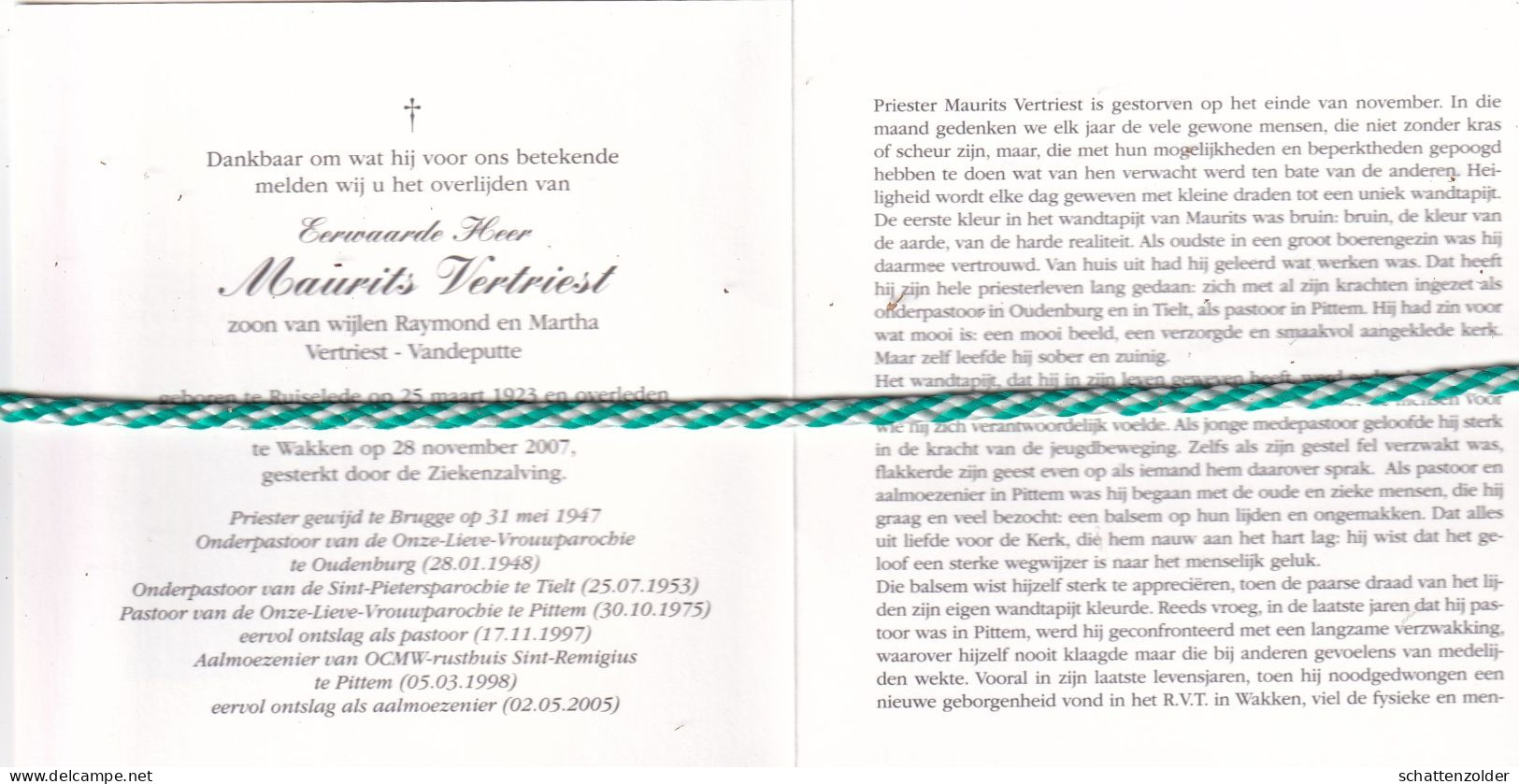 Priester Maurits Vertriest, Ruiselede 1923, Wakken 2007. Oudenburg,Tielt,Pittem. Foto - Todesanzeige