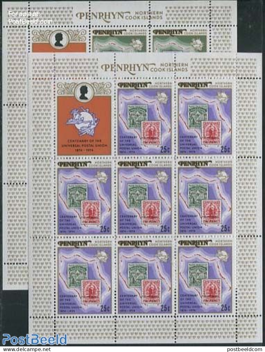 Penrhyn 1974 UPU Centenary 2 M/ss, Mint NH, Various - Stamps On Stamps - U.P.U. - Maps - Briefmarken Auf Briefmarken