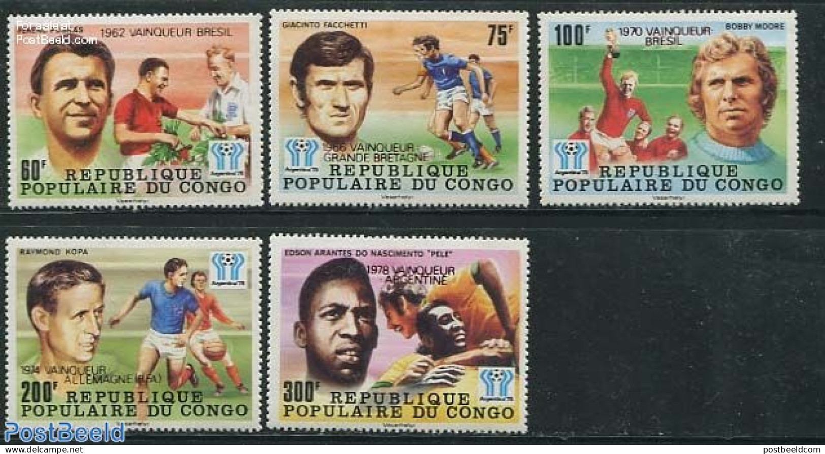 Congo Republic 1978 World Cup Football Winners/famous Players 5v, Red Overprints, Mint NH, Sport - Otros & Sin Clasificación