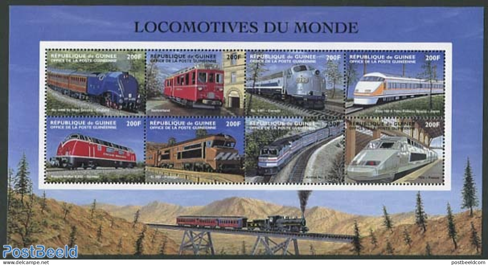 Guinea, Republic 1998 Railways 8v M/s (8x200F), Mint NH, Transport - Railways - Trenes