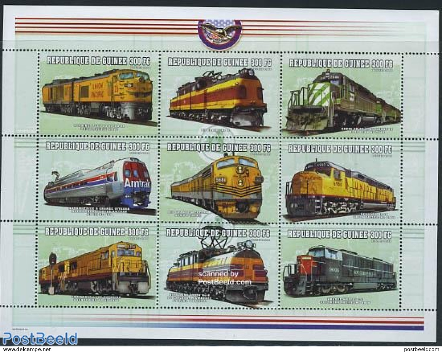 Guinea, Republic 2000 Railways 9v M/s (9x300FG), Mint NH, Transport - Railways - Trains