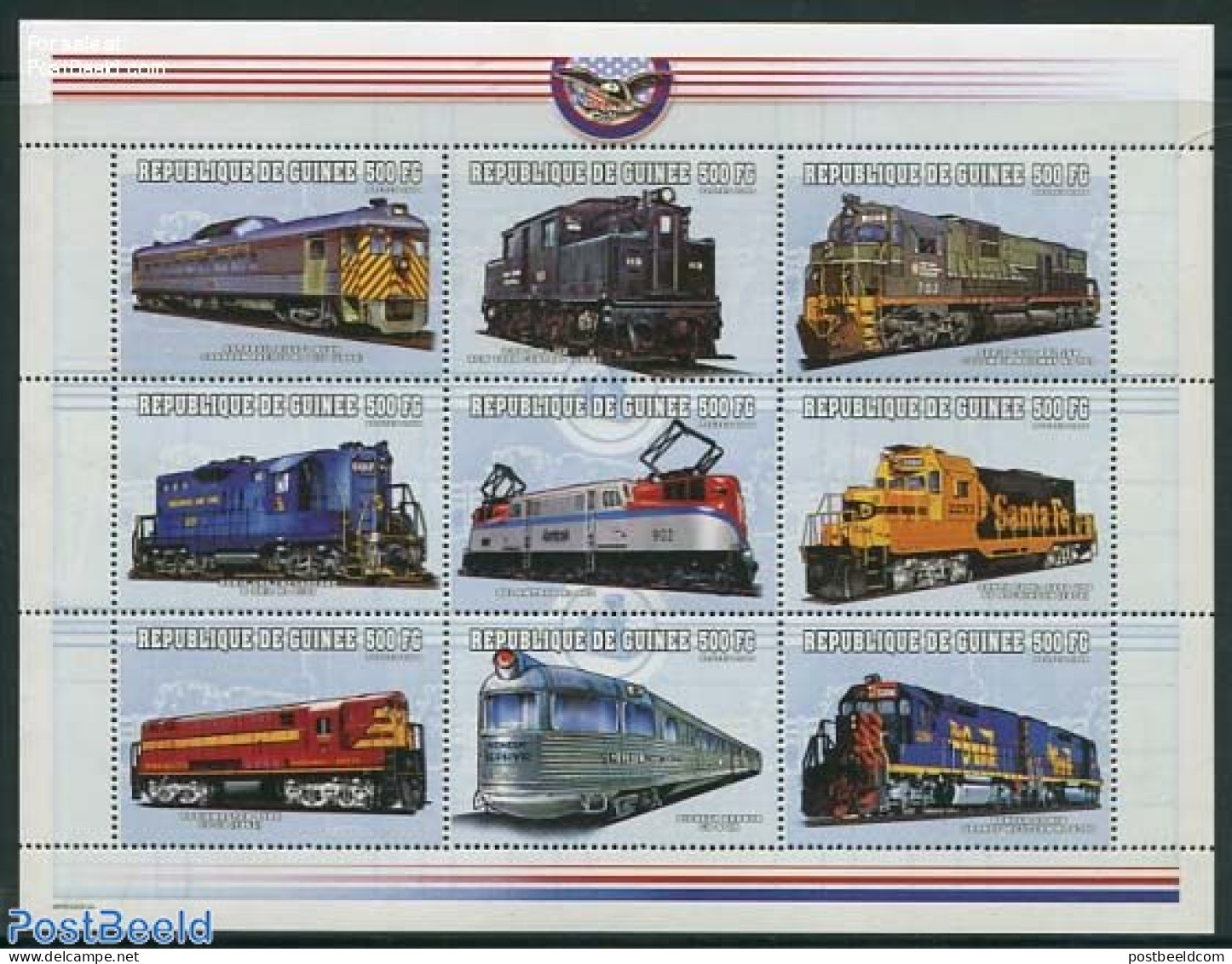 Guinea, Republic 2000 Railways 9v M/s (9x500FG), Mint NH, Transport - Railways - Trenes