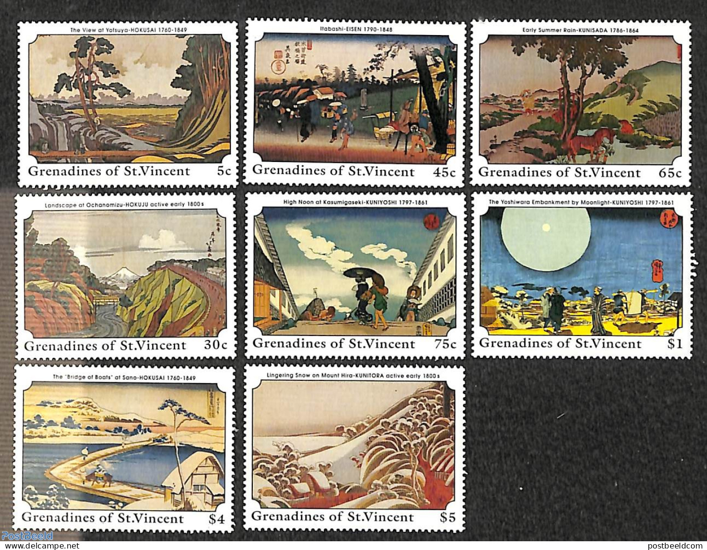 Saint Vincent & The Grenadines 1989 Death Of Hirohito 8v, Mint NH, Art - Bridges And Tunnels - East Asian Art - Painti.. - Brücken
