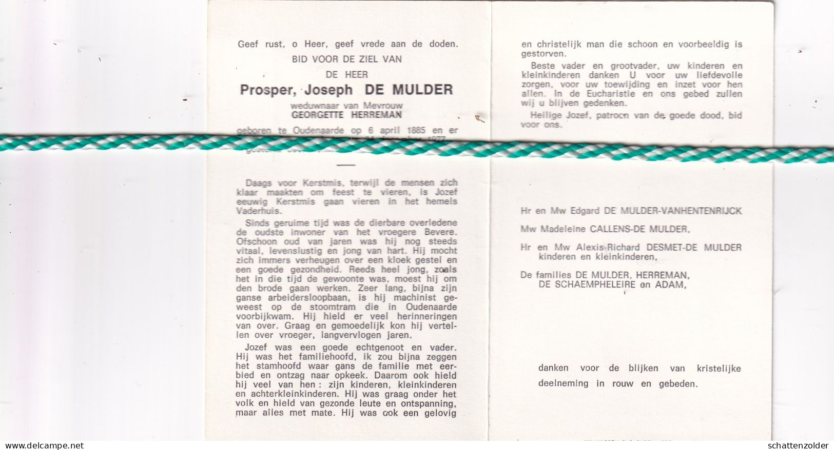 Prosper Joseph De Mulder-Herreman, Oudenaarde 1885, 1977 - Avvisi Di Necrologio