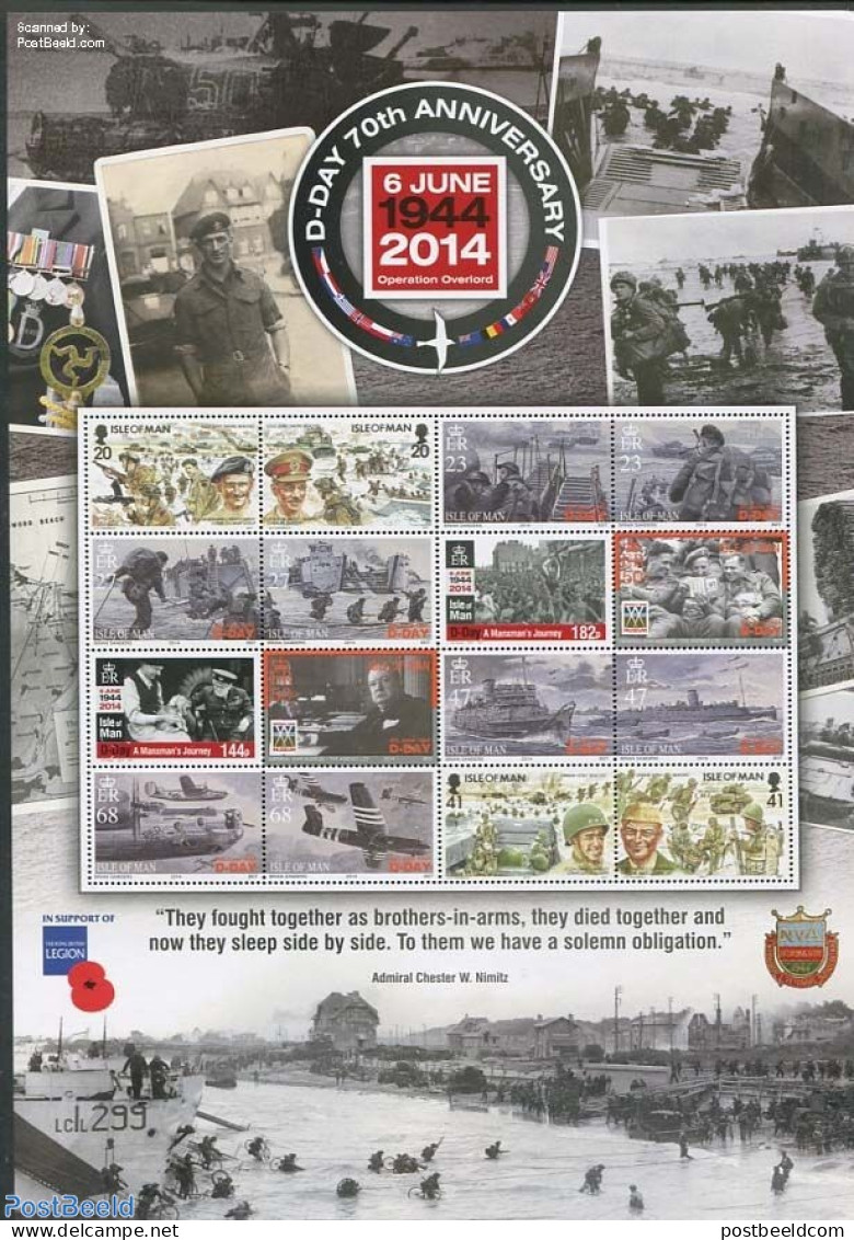 Isle Of Man 2014 D-Day Smilers Sheet, Mint NH, History - Transport - World War II - Aircraft & Aviation - Ships And Bo.. - Seconda Guerra Mondiale