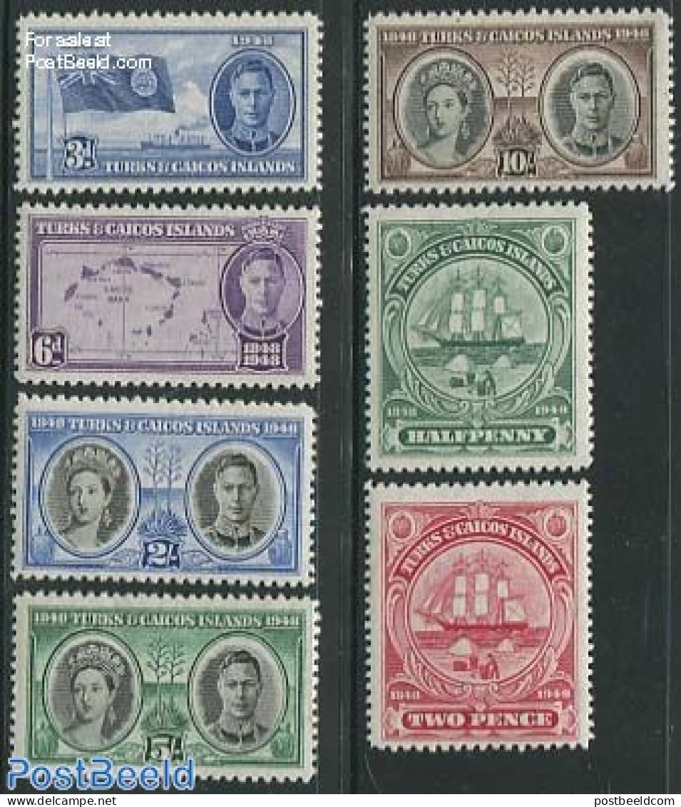 Turks And Caicos Islands 1948 Bahama Centenary 7v, Unused (hinged), History - Transport - Various - Flags - Ships And .. - Barcos