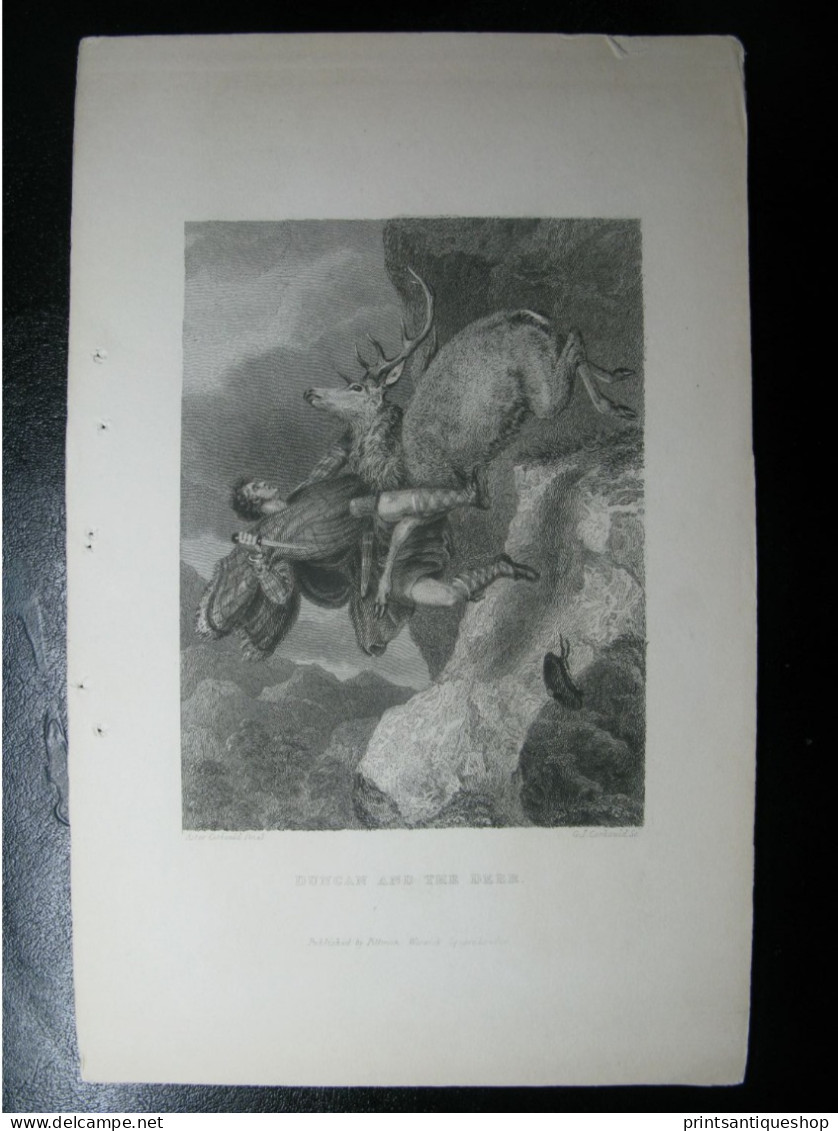 1830 Antique Print Original Engraving Hunting DUNCAN AND THE DEER London Print. - Estampas & Grabados