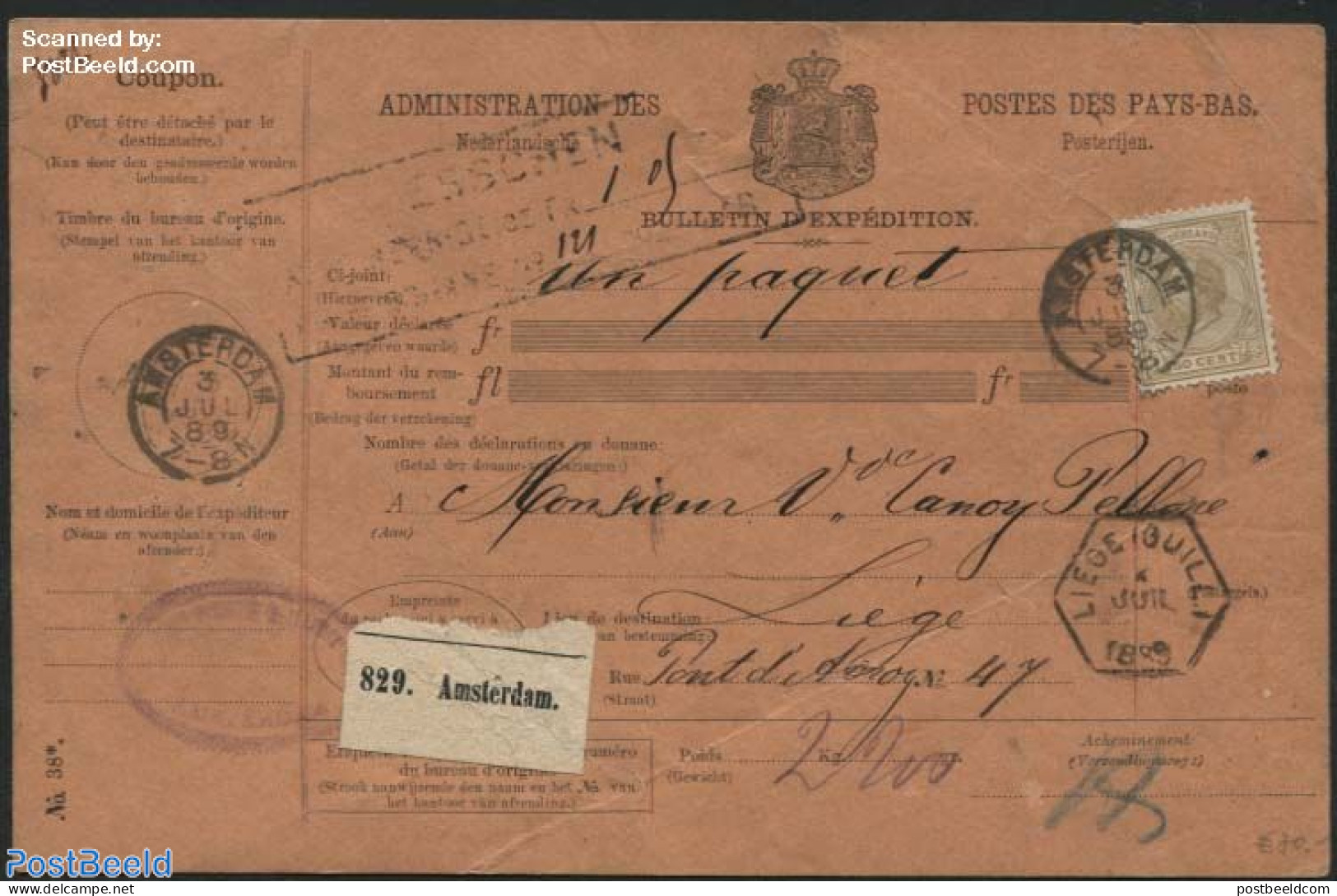 Netherlands 1889 Parcel Card With 50c Stamp Willem III, Postal History - Brieven En Documenten