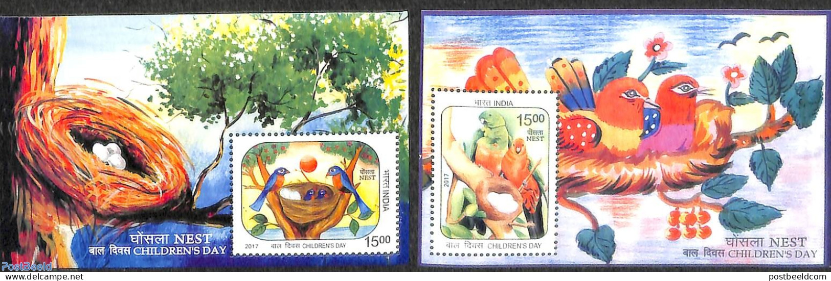 India 2017 Children Day, Birds 2 S/s, Mint NH, Nature - Birds - Parrots - Unused Stamps