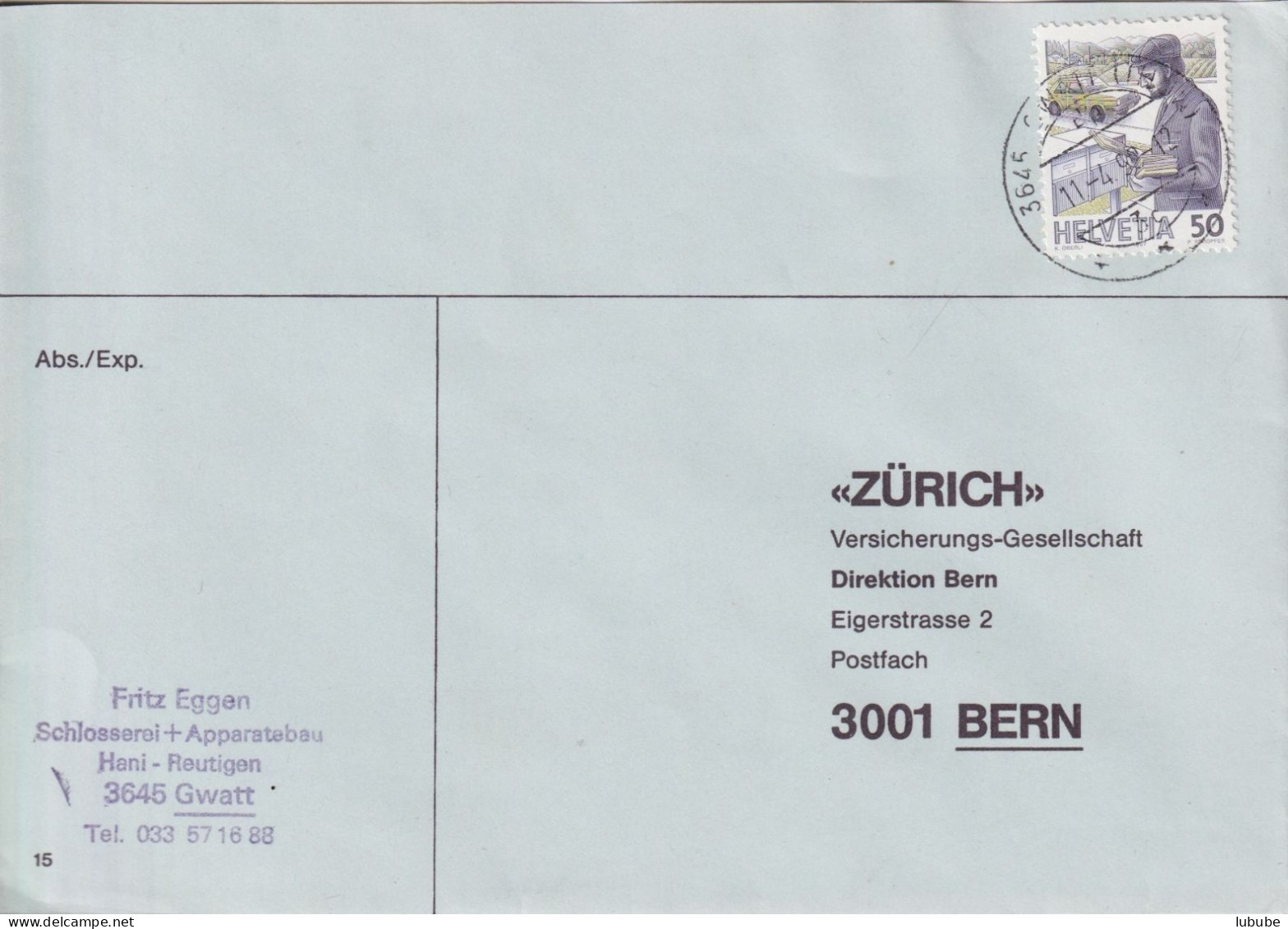 Motiv Brief  "Eggen, Schlosserei/Apparatebau, Gwatt B.Thun"       1990 - Briefe U. Dokumente