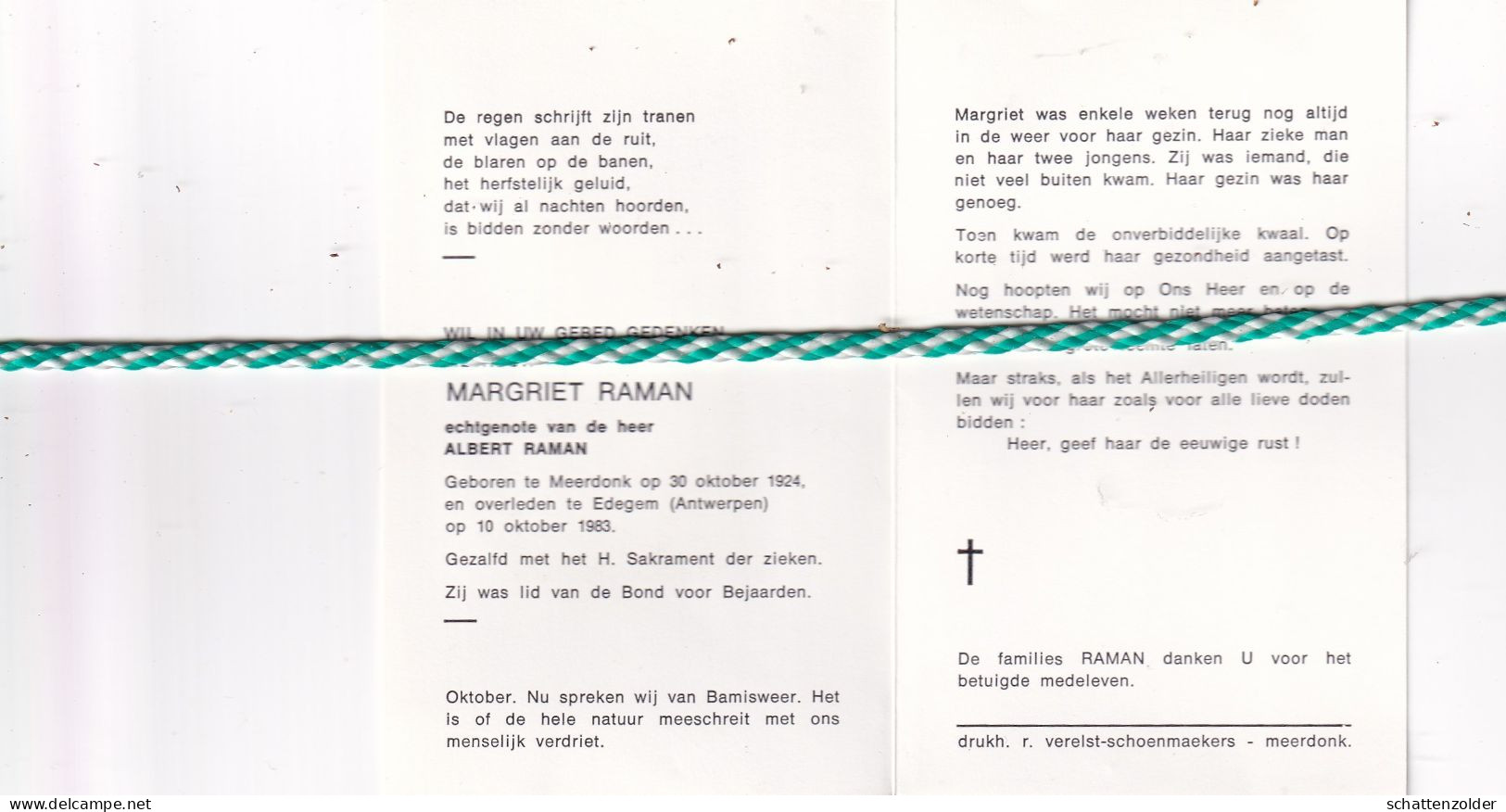Margriet Raman, Meerdonk 1924, Edegem 1983 - Todesanzeige