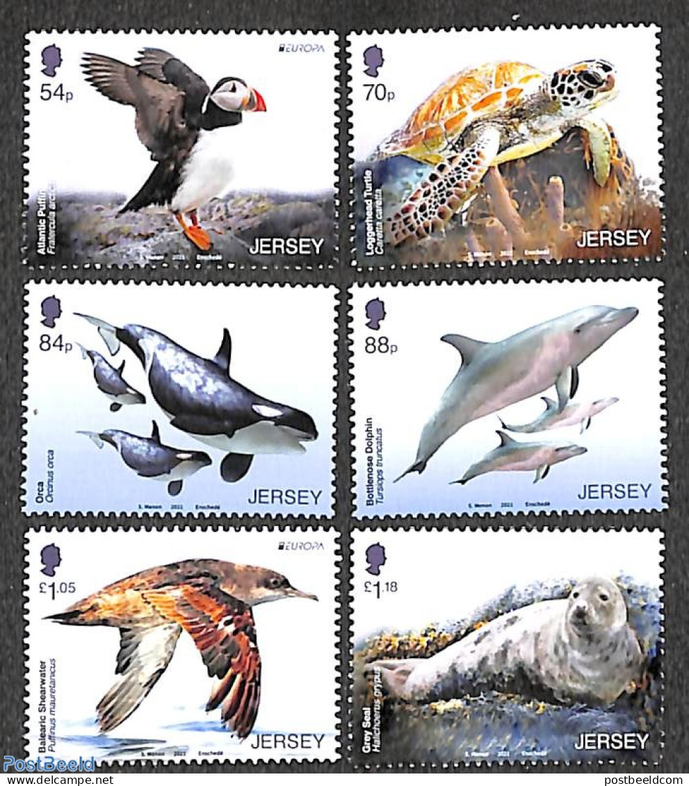 Jersey 2021 Endangered Animals 6v, Mint NH, Nature - Birds - Sea Mammals - Turtles - Puffins - Jersey